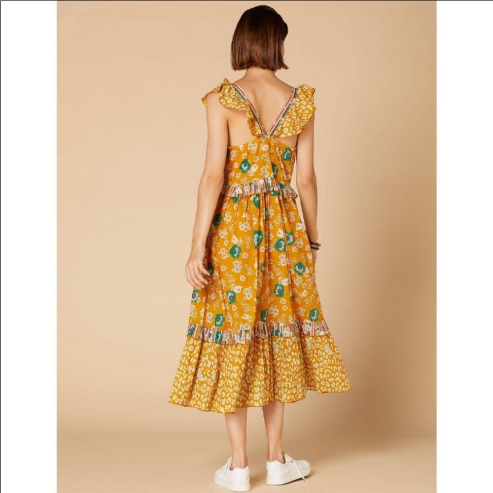 Anthro Derhy Mustard Gold Garden Floral Leopard Ruffle Midi Maxi Dress - Picture 3 of 10